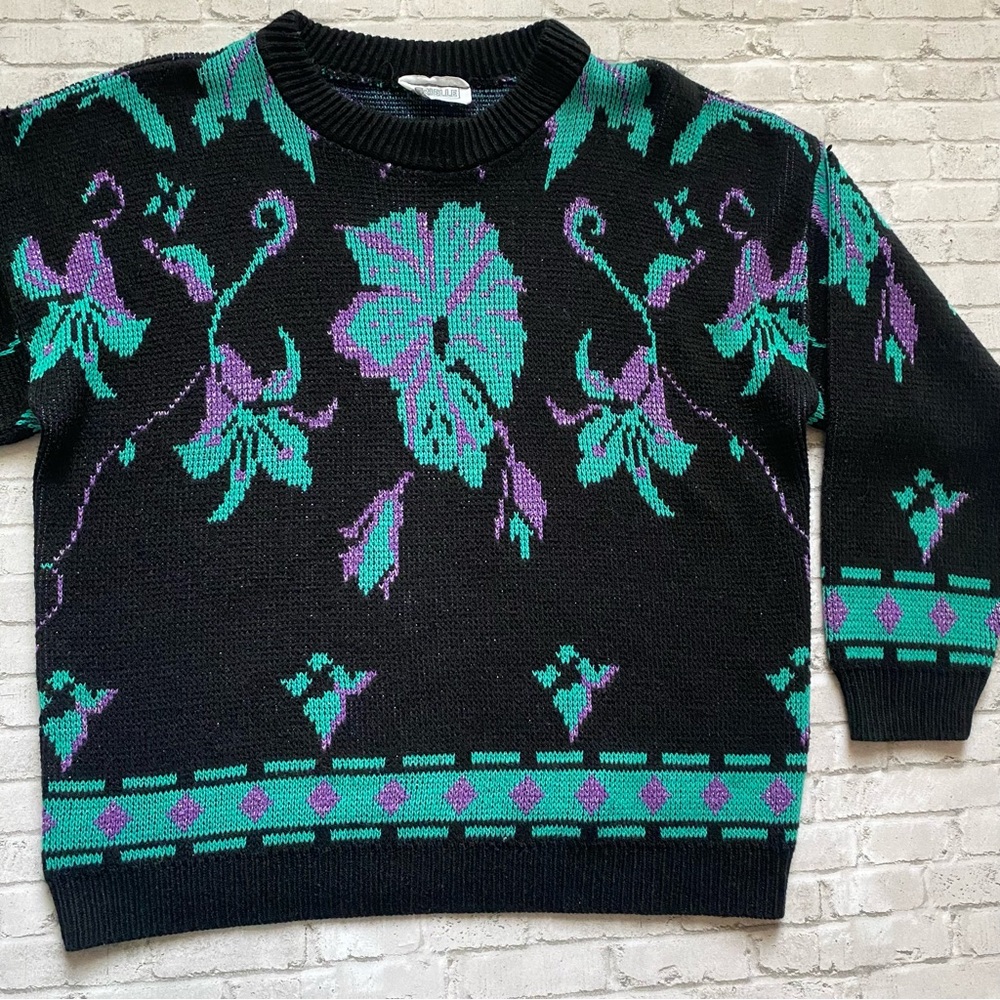 Vintage Monstera Leaf Teal & Black Knit Sweater